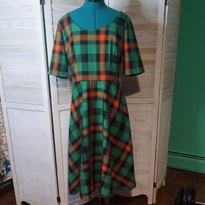 Modcloth x Collectif Plaid Green & Orange Dress Large UK14 St Paddy's Day